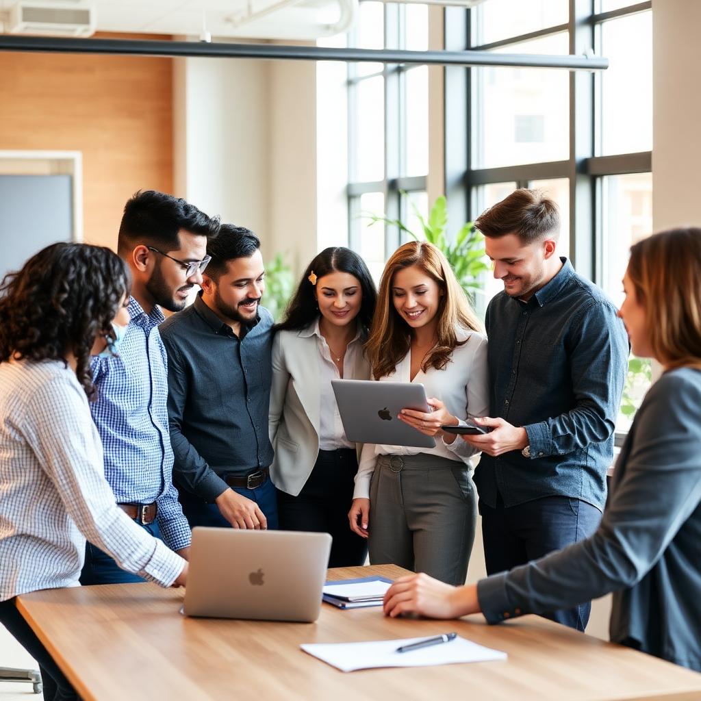 Diverse HR team collaborating in a bright modern workspace