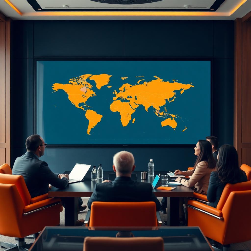 Strategist presenting global map to international team