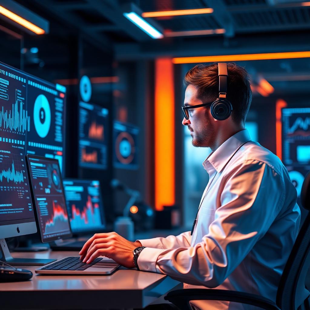 Analyst working with AI dashboards in a futuristic office