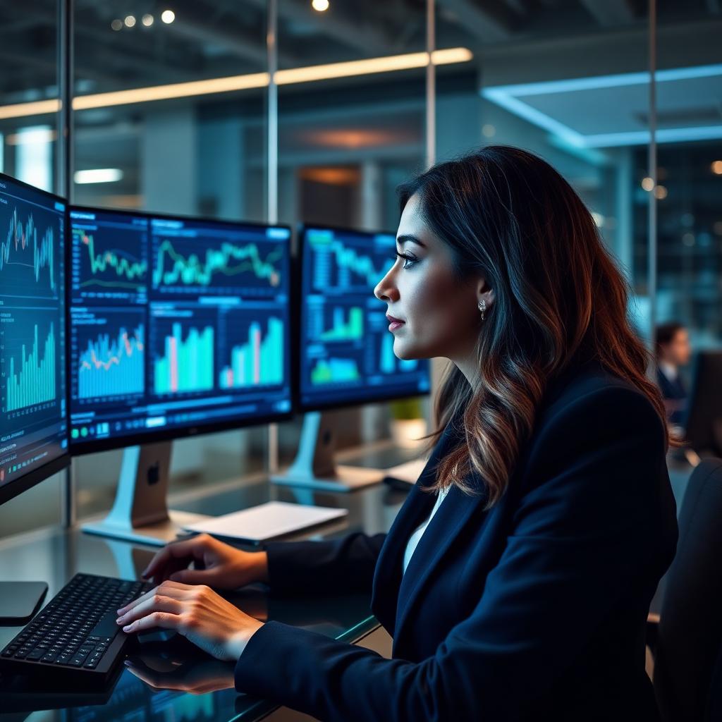 CFO reviewing financial dashboards on multiple screens