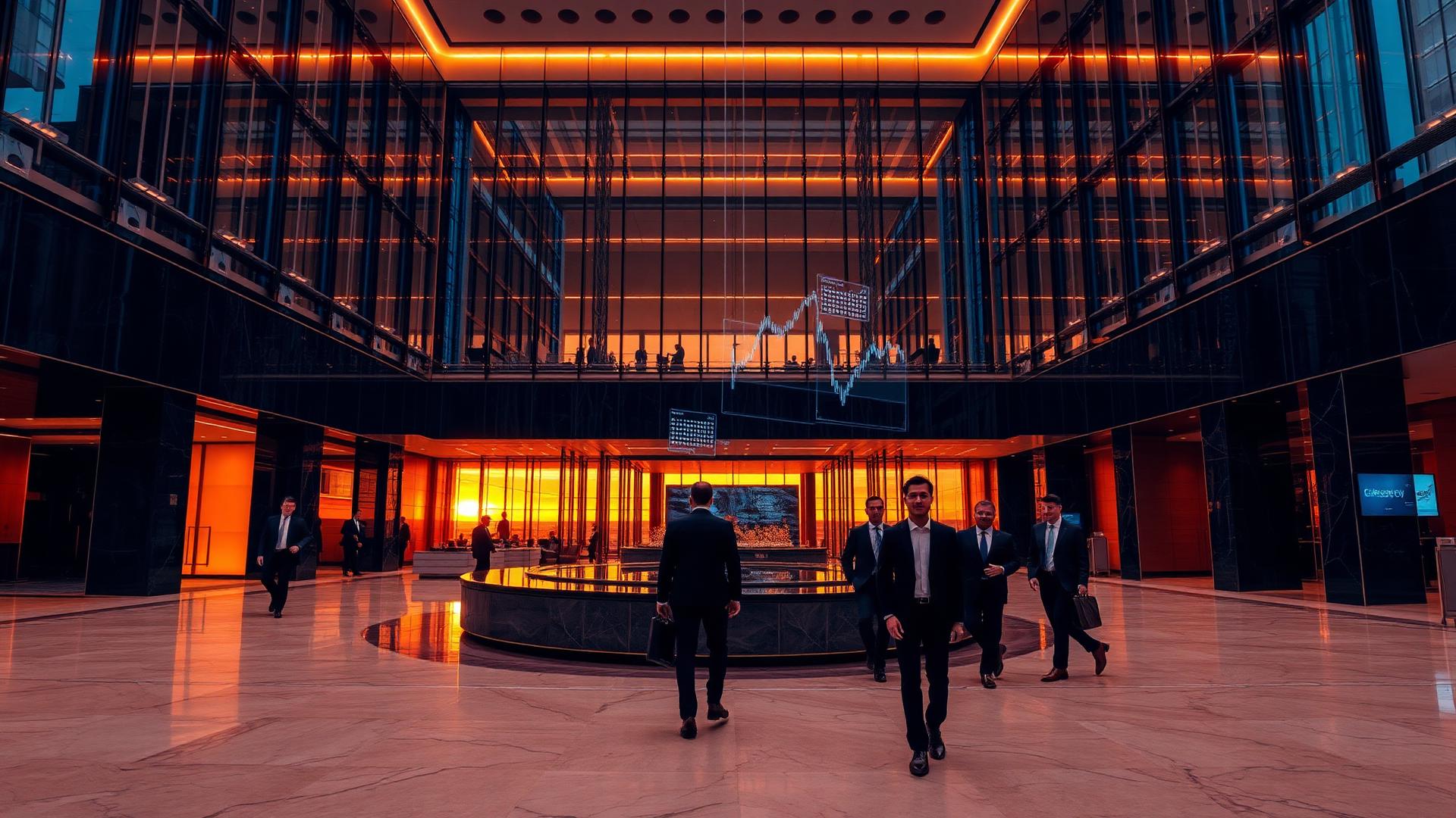 Modern institutional headquarters lobby, executives in the SOLVIX brand colours